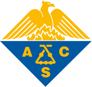 American Chemical Society logo, A blue and gold diamond slit in half horizontally. On the top a golden phoenix rises out of golden flames. The bottom half is a solid blue and has the letters A C S spread around a Kaliaapparat in golden text