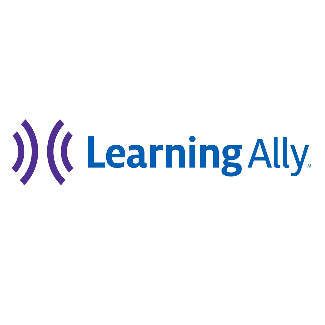 Learning Ally logo, Two purple radio waves facing each other. Next to it in bolded blue text it reads “Learning Ally”