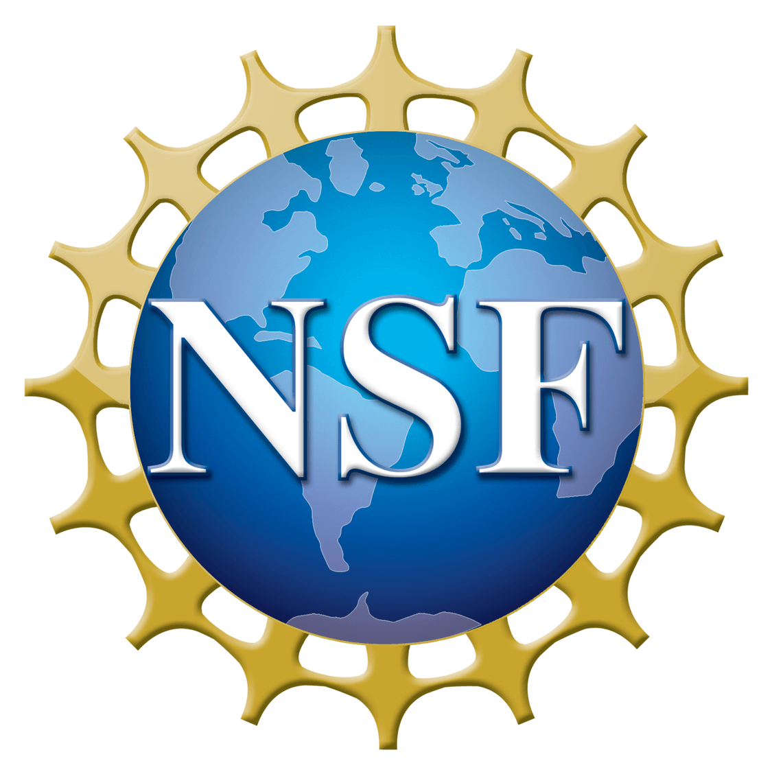 National Science Foundation logo, A blue globe of the earth with small golden figures standing on the edges of the globe. All the figures are connected with thin gold arms. Superimposed on the globe in white letters is NSF