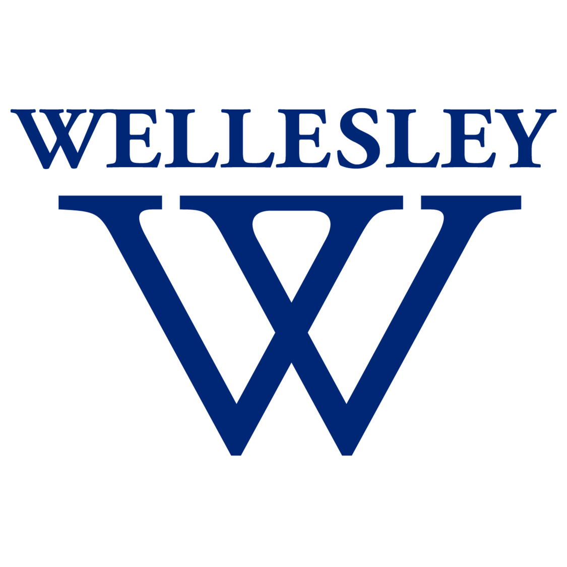 Wellesley logo, In blue text it reads Wellesley. Below is the Wellesley logo made of two large blue W’s superimposed on each other.