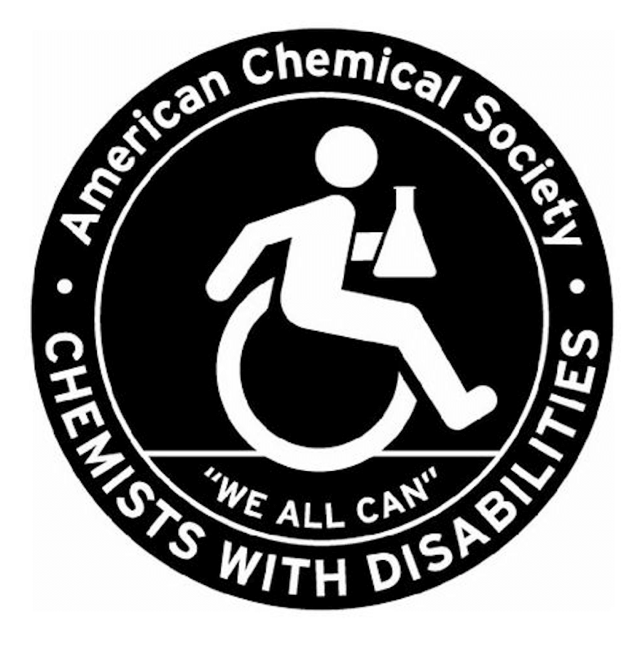 The Chemists with Disabilities logo. A black circle with a white figure in a wheelchair. The figure is holding a lab beaker. IN white text on the circle it reads,” American Chemical Society – Chemists with Disabilities. We all Can”