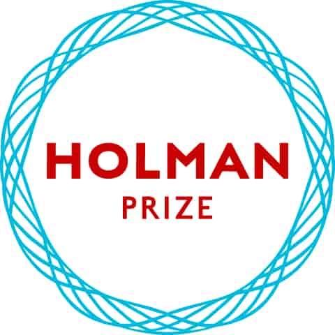 Holman Prize logo, A light blue circle made of thin twisting strands surrounding red text that says “Holman Prize”