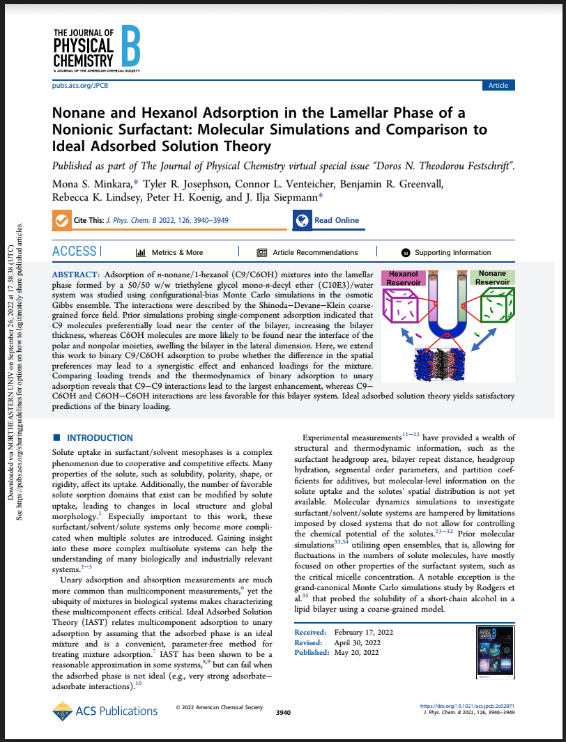 Nonane and Hexanol Adsorption in the Lamellar Phase of a Nonionic Surfactant: Molecular Simulations and Comparison to Ideal Adsorbed Solution Theory