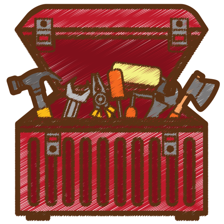 An open red cartoon toolbox filled with various tools.