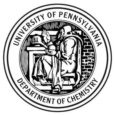 The University of Pennsylvania Department of Chemistry logo. An elderly man in long robes sits in a desk. In one hand he holds a ball in the pal of his hand. The other hand is held up. Behind him is a brick wall. A circle encloses this scene and around it reads “University of Pennsylvania – Department of Chemistry”