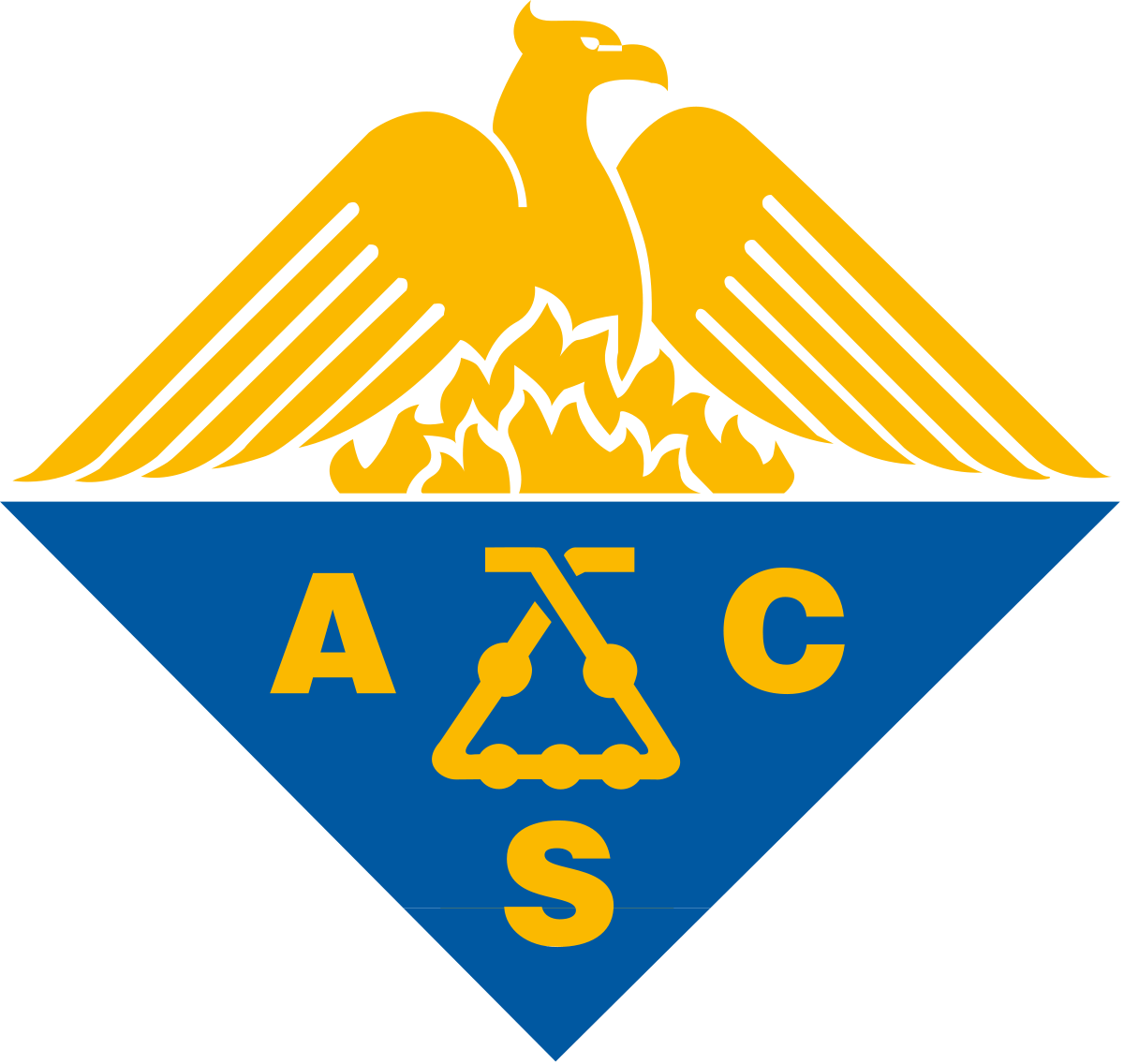 American Chemical Society logo, A blue and gold diamond. On the top a golden phoenix rises out of golden flames. The bottom half is blue and has the letters A C S spread around a Kaliaapparat in golden text. To the side in black text reads “Dan Su Travel Award American Chemical Society, Postdoc to Faculty Workshop 2018”