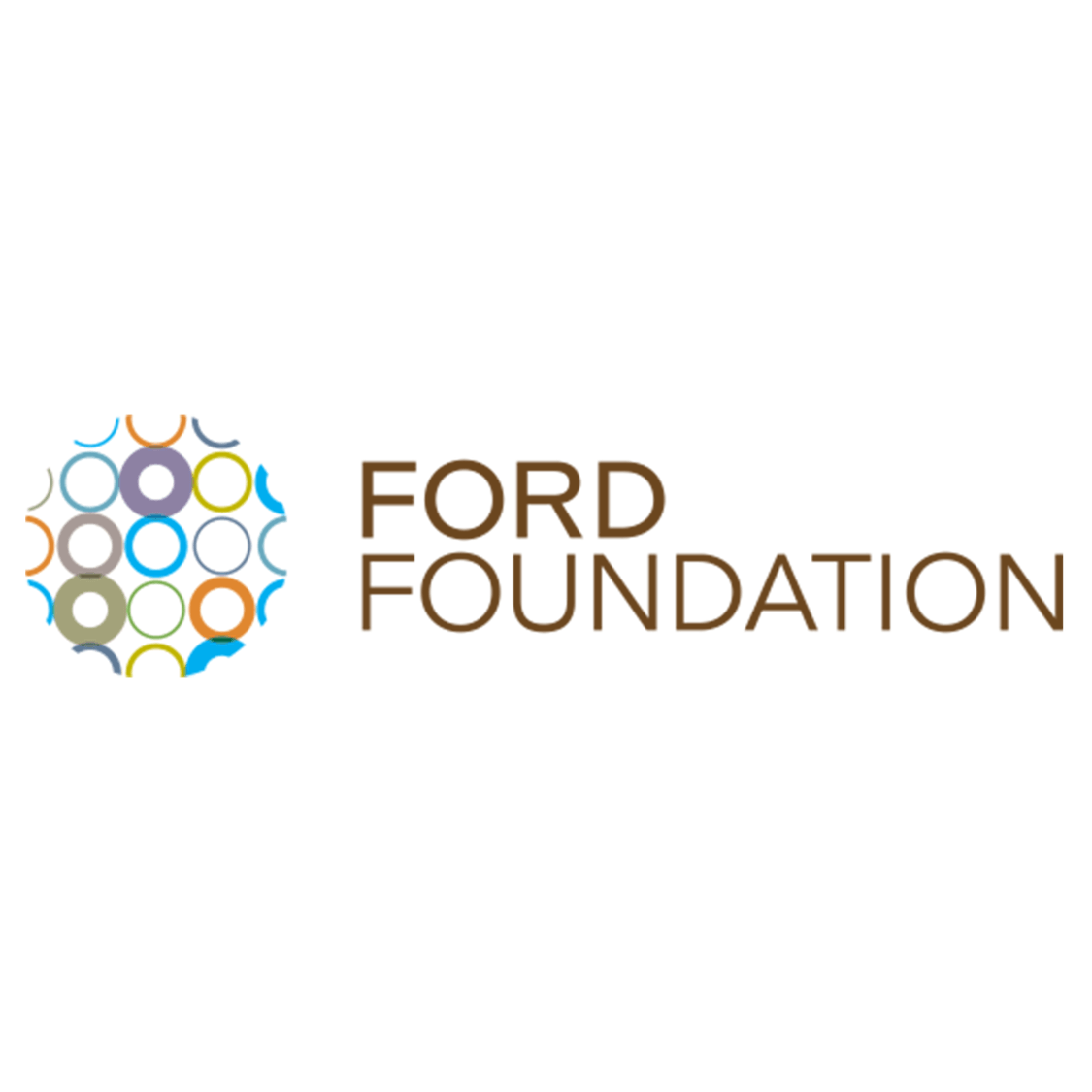 The Ford Foundation logo, A pattern of multicolored circles of various thickness laid in a circle with the edges of the patten getting cut off. To the right of this in large brown letters it reads “Ford Foundation”