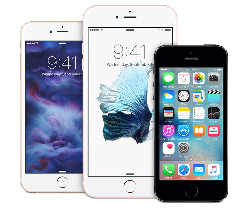 Three various models of Iphones lined up on a white background.