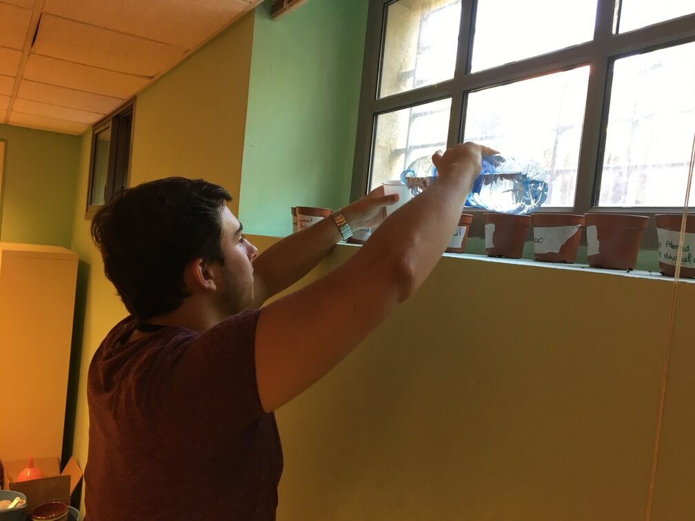 A students fills up a paper cup with a water bottle near a high window. Flowerpots line the windowsill.
