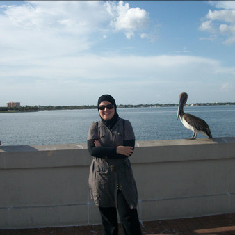 A picture of Mona posing in front of a body of water. She is wearing a grey coat and a black hijab. Behind her is a low stone wall with a seabird perched to her left. Above the sky is blue with some white clouds hanging above. 