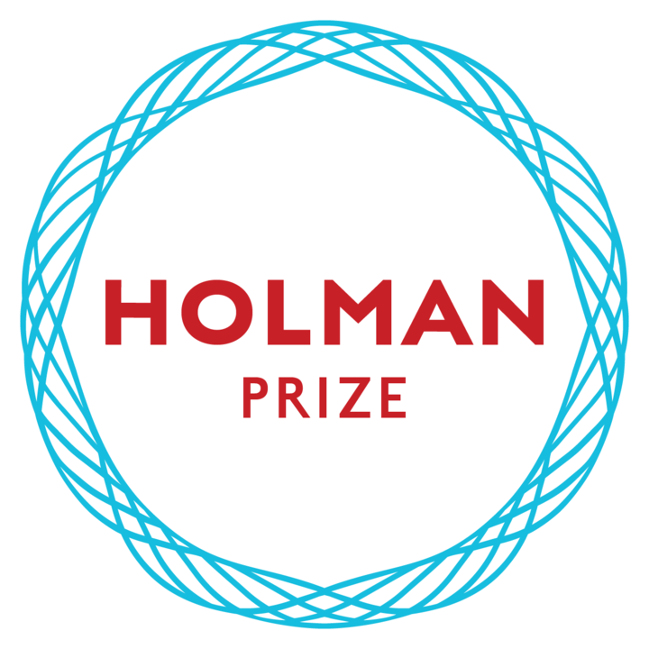 Holman Prize logo, A light blue circle made of twisting strands surrounding red text that reads “Holman Prize”. The background is white. Underneath in white it reads “Holman”. 