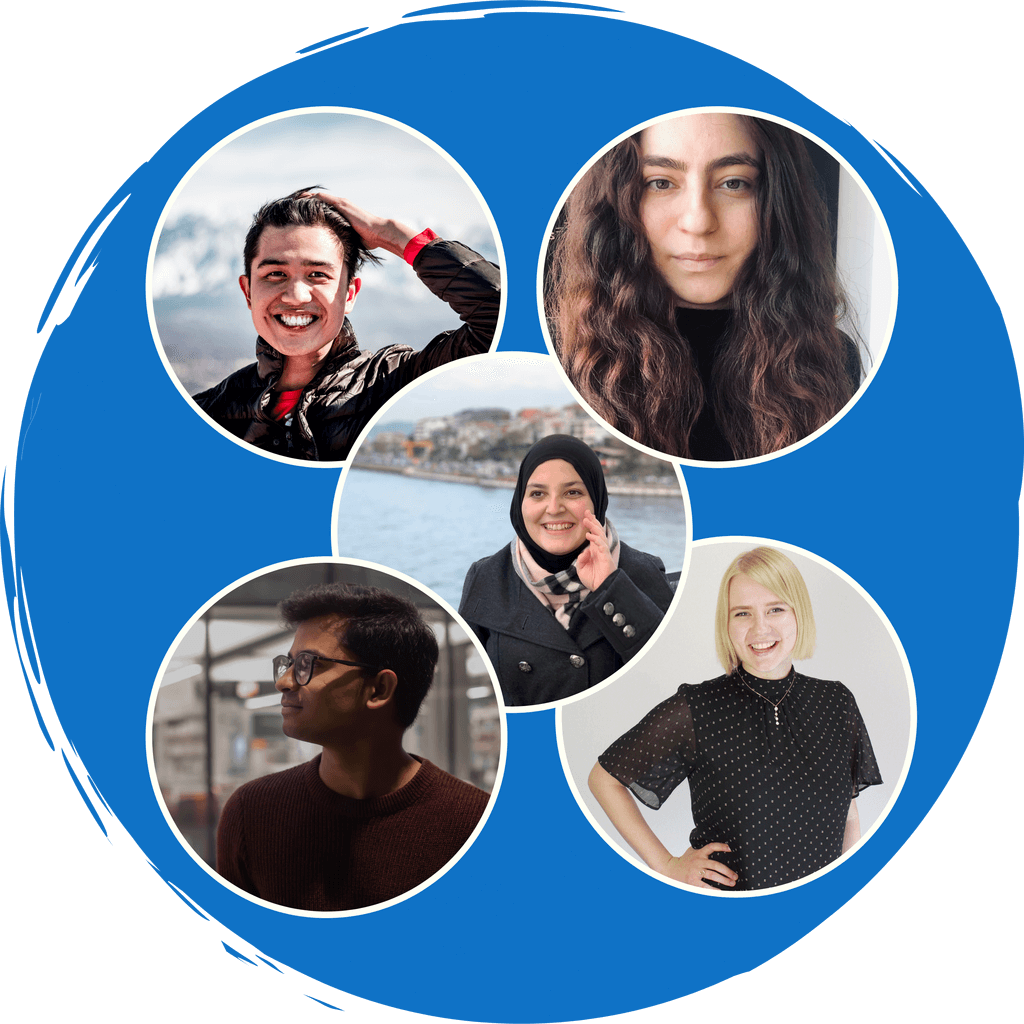 A blue circle. In the blue circle are the pictures of the five members of PTC, Mona Minkara, Natalie Guse, Benjamin Ted Jimenez, Anxhela Becolli, and Afridi Shaik. Below in white text it reads,” Team”