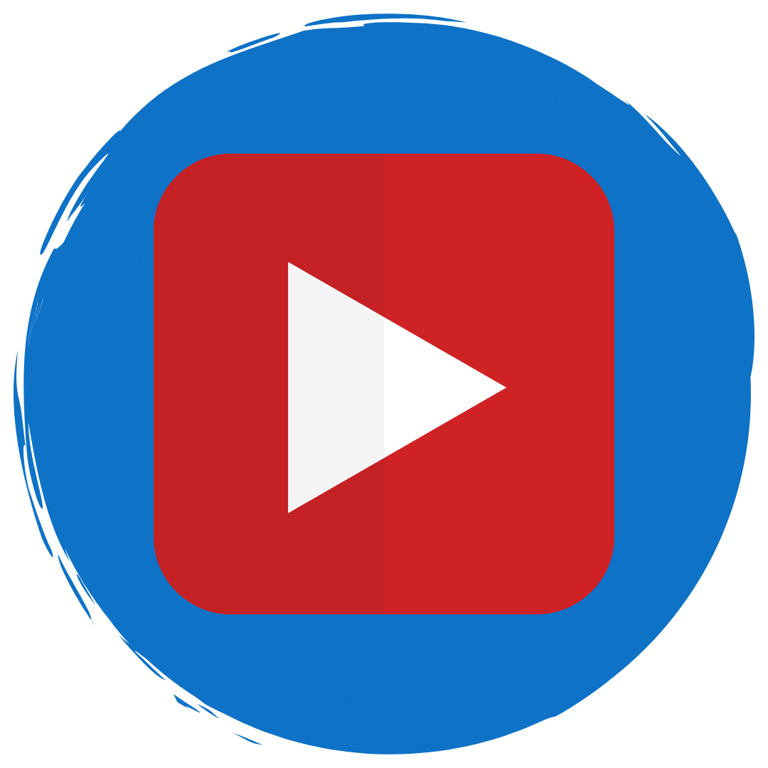 Red YouTube play button logo in a blue circle. Under in white text is reads,” Videos”