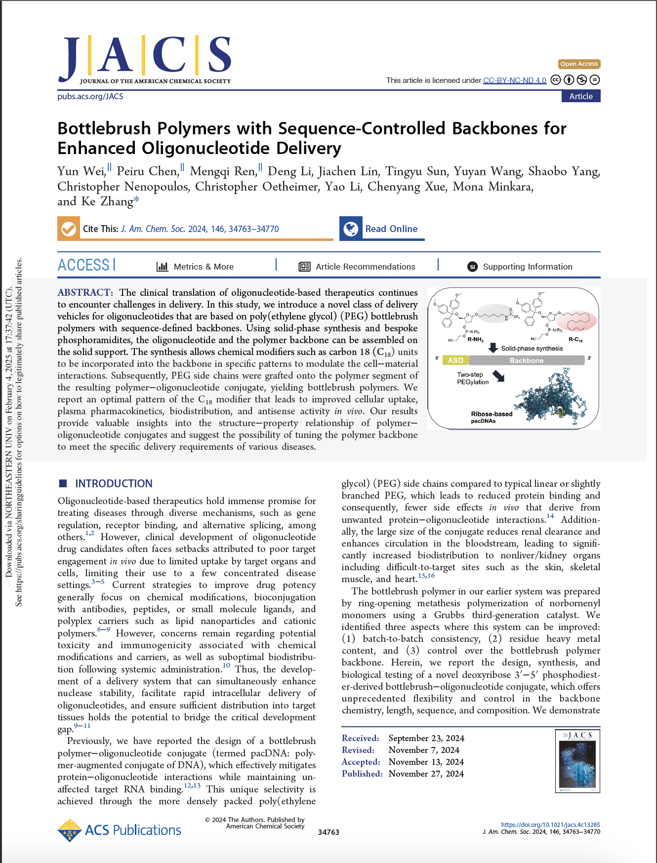 Bottlebrush Polymers with Sequence-Controlled Backbones for Enhanced Oligonucleotide Delivery