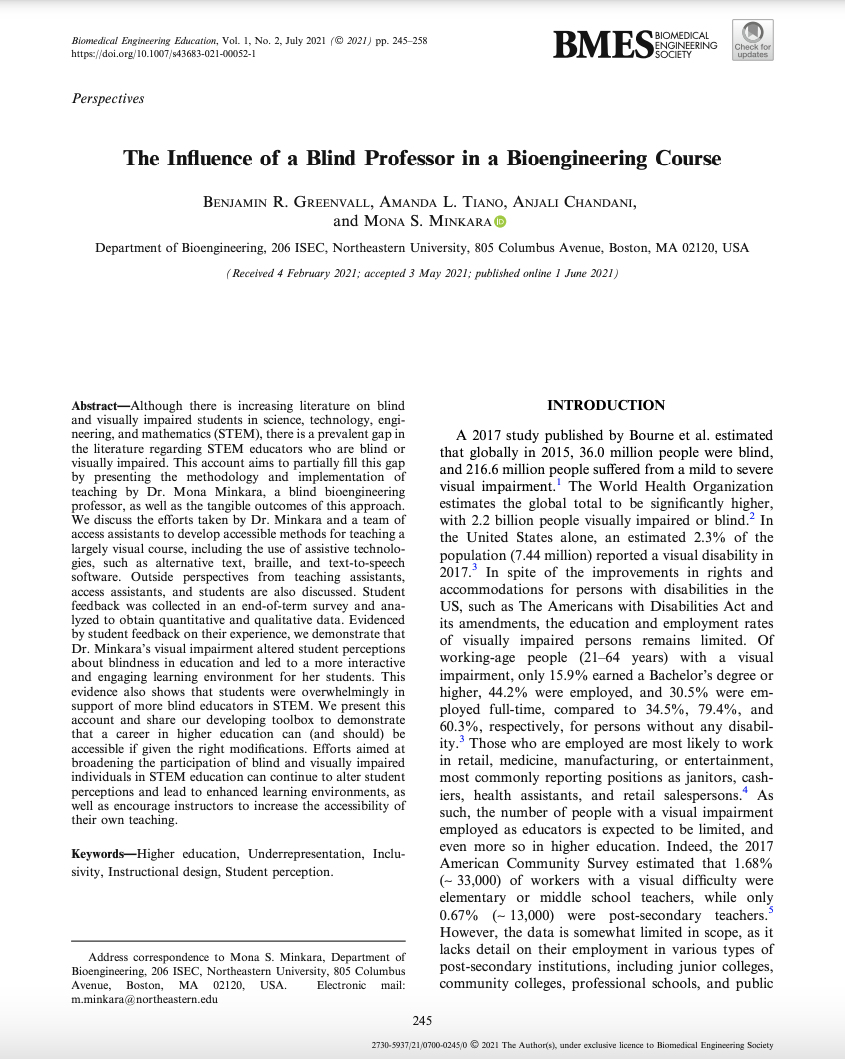 The Influence of a Blind Professor in a Bioengineering Course