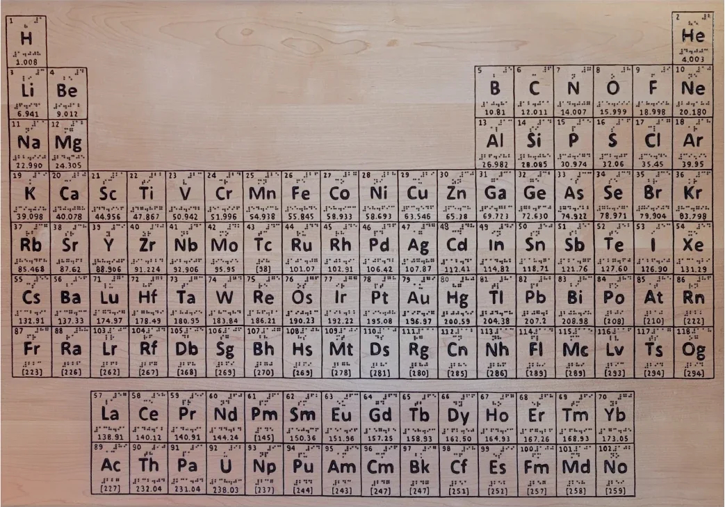 A tactile periodic table with raised elements and braille labels for accessibility.