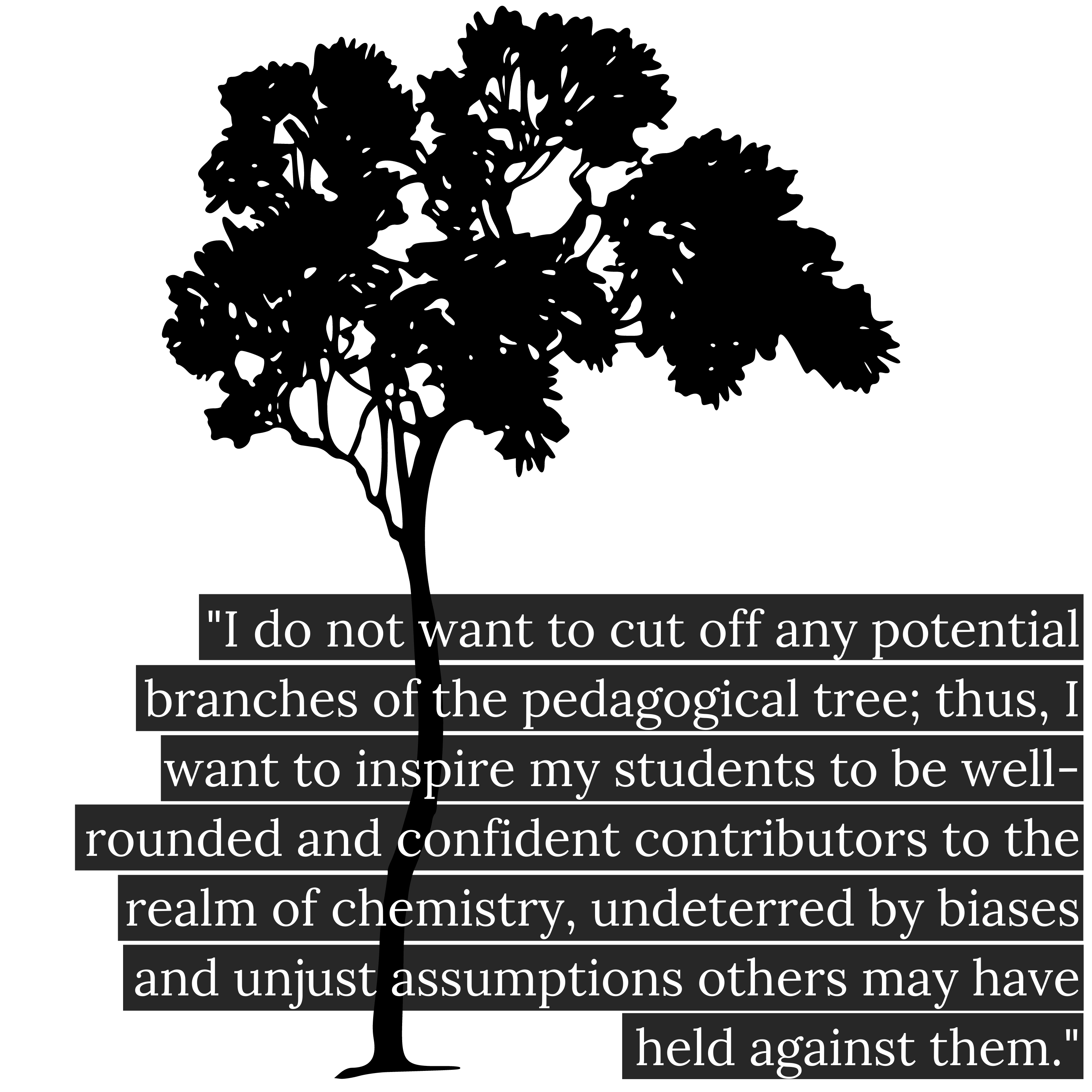 An image of a tall black savannah tree against a white background. Superimposed on the tree in black and white it reads, “I do not want to cut off any potential branches of the pedagogical tree; thus, I want to inspire my students to be well-rounded and confident contributors to the realm of chemistry, undeterred by biases and unjust assumptions others may have held against them.”